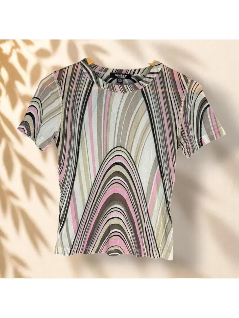 Karen Kane Top Women S Small White Striped Crew Neck Short Sleeve Sheer Casual - Picture 1 of 6